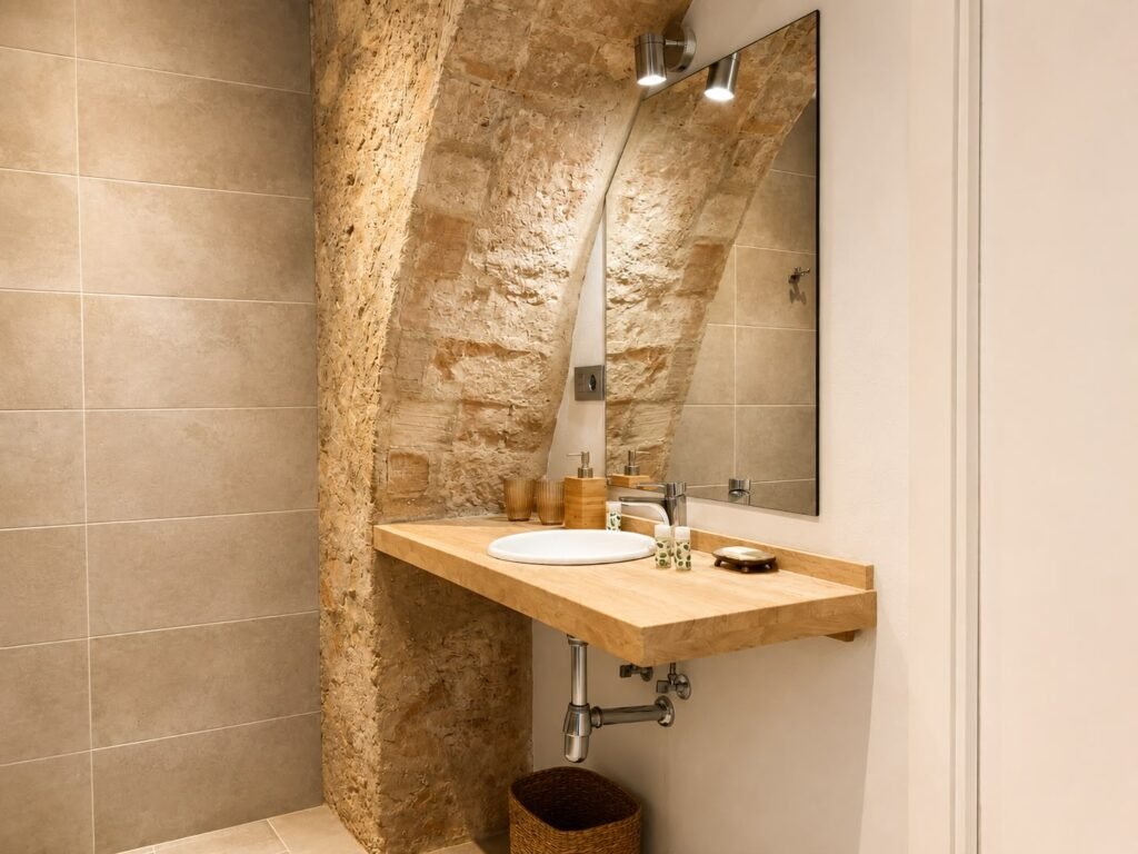 Baño con muralla histórica de Conil en hotel boutique Arena House