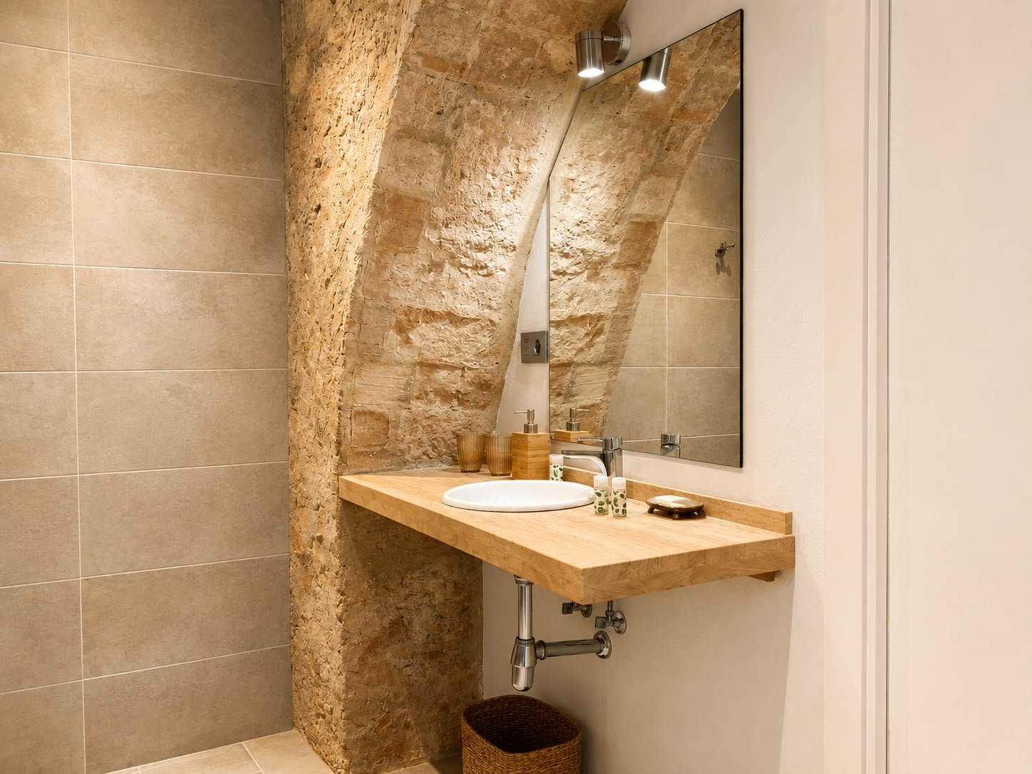 Baño con muralla histórica de Conil en hotel boutique Arena House