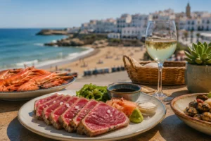 Gastronomía local de Conil con atún rojo, mariscos frescos y cocina mediterránea frente al mar.