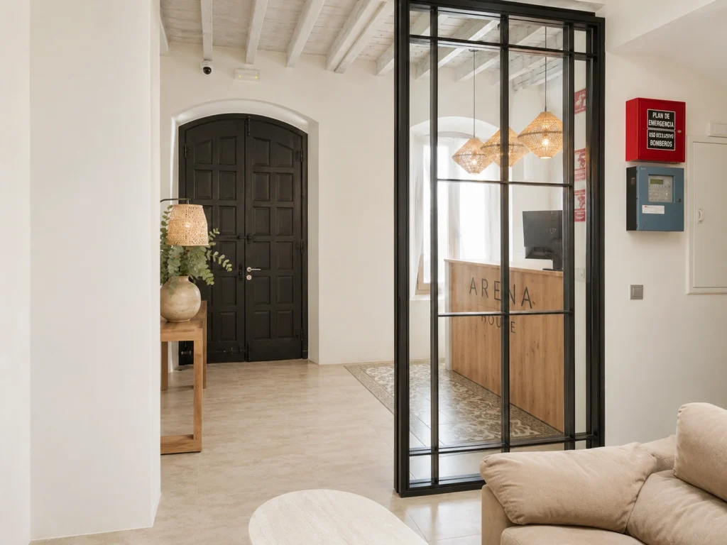 Recepción moderna de hotel boutique en Conil Arena House con diseño elegante y entrada luminosa